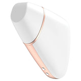 Satisfyer Love Triangle Air Pulse Clitoral Vibrator White in a sleek design with a rounded head and rose gold accents.