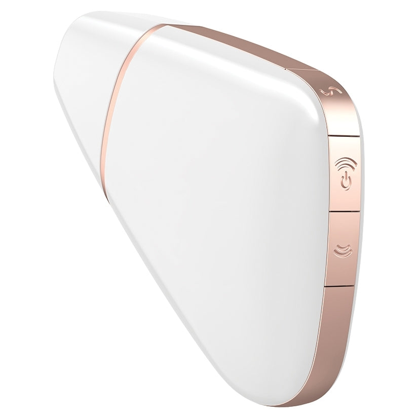 Satisfyer Love Triangle Air Pulse Clitoral Vibrator White with rose gold accents and easy-to-use controls.