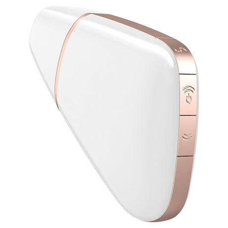 Satisfyer Love Triangle Air Pulse Clitoral Vibrator White with rose gold accents and easy-to-use controls.