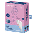 Satisfyer Love Triangle Air Pulse Clitoral Vibrator White packaging featuring app connectivity and air pulse technology.