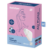 Satisfyer Love Triangle Air Pulse Clitoral Vibrator White packaging featuring app connectivity and air pulse technology.