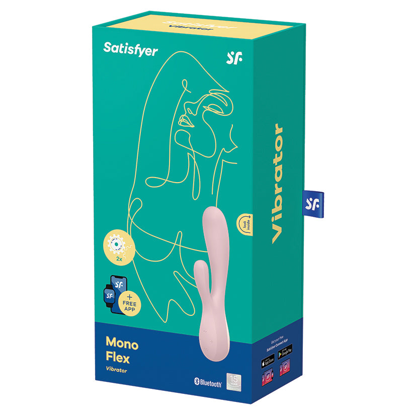 Satisfyer Mono Flex App Controlled Rabbit Vibrator Mauve packaging with features and app control details.