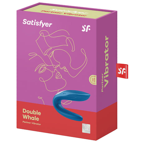 Satisfyer Double Whale Partner Vibrator Blue packaging showcasing U-shaped couples vibrator design.