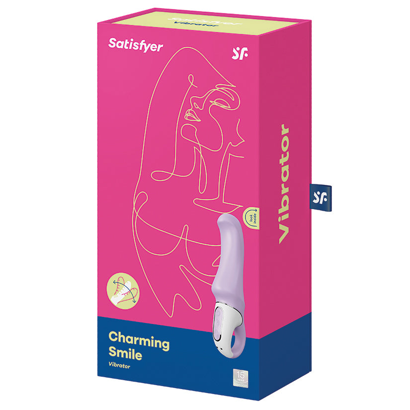 Satisfyer Vibes Charming Smile Lilac Mini Vibrator packaging with vibrant design.