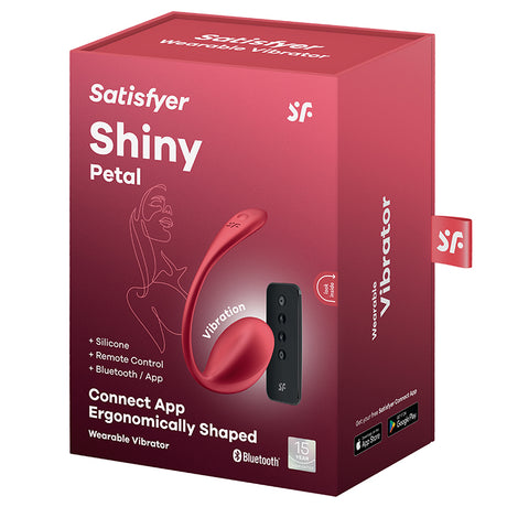 Satisfyer Shiny Petal Wearable Vibrator Red packaging showcasing its ergonomic design and Bluetooth remote features.