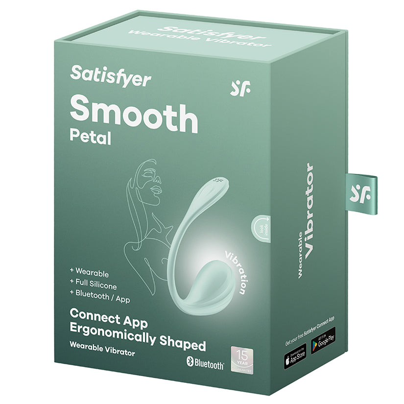 Satisfyer Smooth Petal G-Spot Vibrator Mint packaging showing app connectivity and ergonomic design.