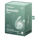 Satisfyer Smooth Petal G-Spot Vibrator Mint packaging showing app connectivity and ergonomic design.