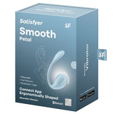Satisfyer Smooth Petal G-Spot Vibrator Light Blue packaging featuring ergonomic design and Bluetooth connectivity.