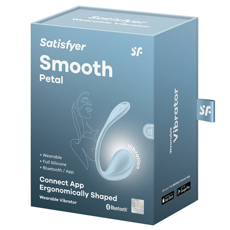Satisfyer Smooth Petal G-Spot Vibrator Light Blue packaging featuring ergonomic design and Bluetooth connectivity.