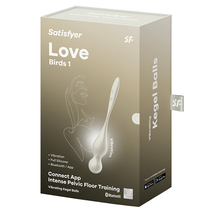 Satisfyer Love Birds 1 Vibrating Kegel Balls White packaging showcasing its features and design.