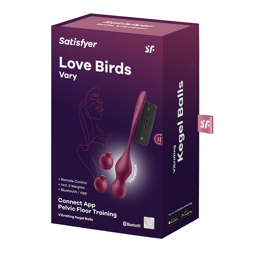 Satisfyer Love Birds Vary Vibrator packaging showcasing remote control and Bluetooth features for pelvic floor training.