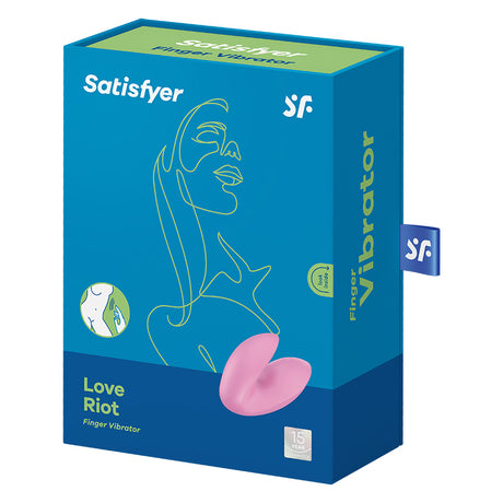 Satisfyer Love Riot Finger Vibrator Pink packaging showcasing its design and features for intimate pleasure.