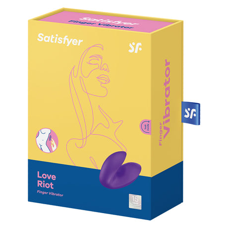 Satisfyer Love Riot Finger Vibrator Purple packaging design featuring a modern illustration and brand logo.