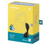 Satisfyer Sweet Seal Vibrating Anal Plug Black packaging showcasing app connectivity and comfortable design.
