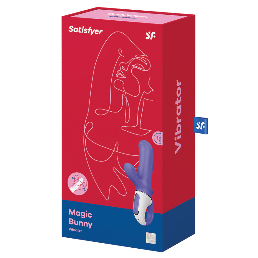 Satisfyer Vibes Magic Bunny Rabbit Vibrator Purple packaging features a sleek design with a vibrant purple vibrator displayed.