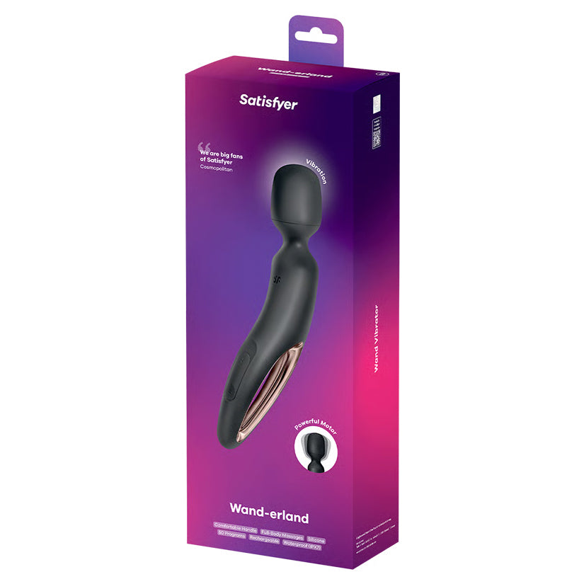 Satisfyer Wand-erland Wand Vibrator Black Rose Gold in elegant packaging, showcasing sleek design and features.