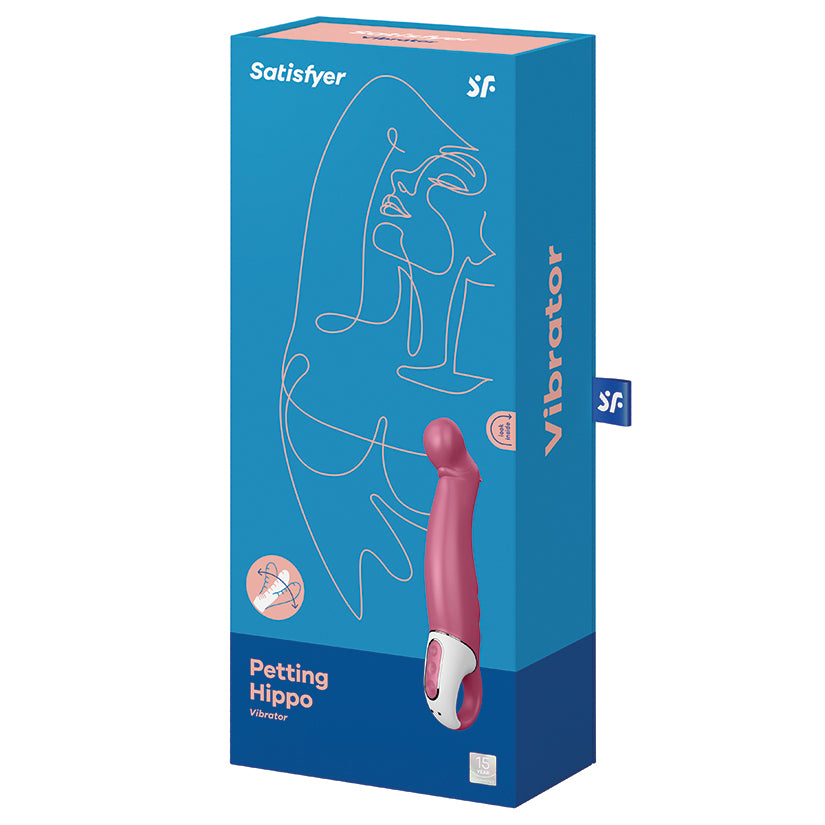 Satisfyer Vibes Petting Hippo G-Spot Vibrator Fuchsia packaging featuring playful design and product details.