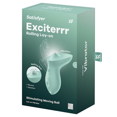 Satisfyer Exciterrr Lay-On Clitoral Vibrator Mint packaging with rolling ball and vibration features.