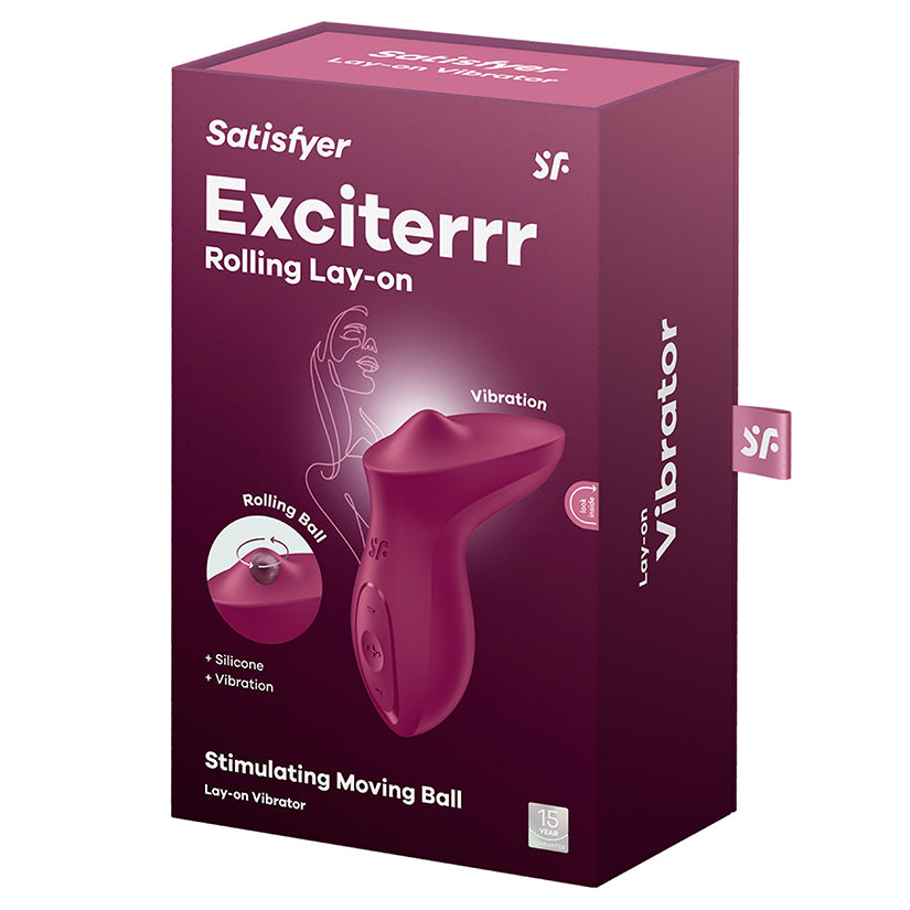 Satisfyer Exciterrr Rolling Ball Lay-On Vibrator Berry packaging showcasing the innovative design and features.