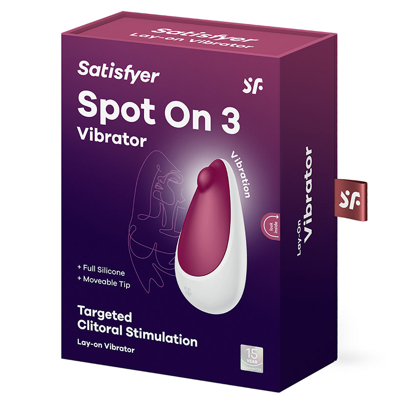 Satisfyer Spot On 3 Vibrator Berry packaging featuring targeted clitoral stimulation and moveable tip.