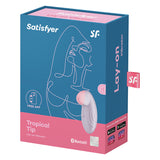 Satisfyer Tropical Tip-light Lilac Clitoral Vibrator packaging featuring playful design and features.