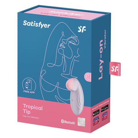 Satisfyer Tropical Tip-light Lilac Clitoral Vibrator packaging featuring playful design and features.
