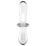 Satisfyer Double Crystal Glass Dildo Clear showcasing its elegant design and smooth borosilicate glass finish.