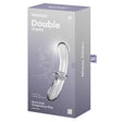 Satisfyer Double Crystal Glass Dildo Clear packaging showcasing its elegant design and solid borosilicate glass craftsmanship.