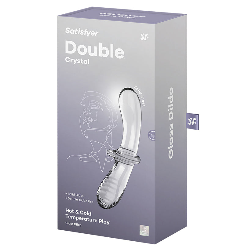 Satisfyer Double Crystal Glass Dildo Clear packaging showcasing its elegant design and solid borosilicate glass craftsmanship.