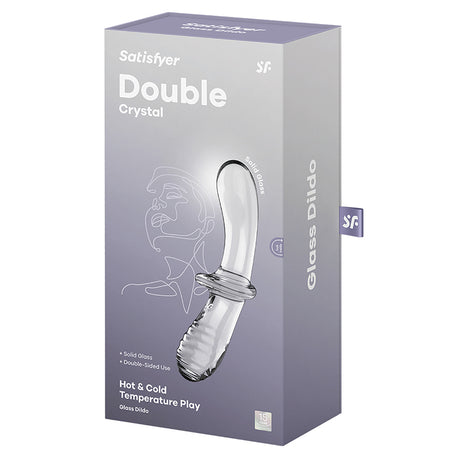 Satisfyer Double Crystal Glass Dildo Clear packaging showcasing its elegant design and solid borosilicate glass craftsmanship.