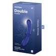 Satisfyer Double Crystal Glass Dildo Blue packaging showcasing its elegant design and features including solid glass and temperature play.