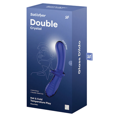 Satisfyer Double Crystal Glass Dildo Blue packaging showcasing its elegant design and features including solid glass and temperature play.