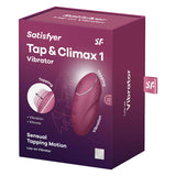 Satisfyer Tap and Climax 1 Clitoral Vibrator Red packaging showcasing its elegant design and features.