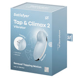 Satisfyer Tap and Climax 2 Clitoral Vibrator Blue in packaging highlighting tapping and vibration features.