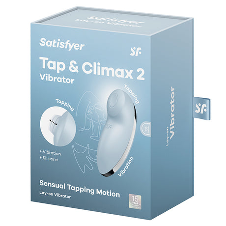 Satisfyer Tap and Climax 2 Clitoral Vibrator Blue in packaging highlighting tapping and vibration features.