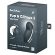 Satisfyer Tap And Climax 2 Vibrator Grey packaging showcasing sleek design and features for enhanced pleasure.