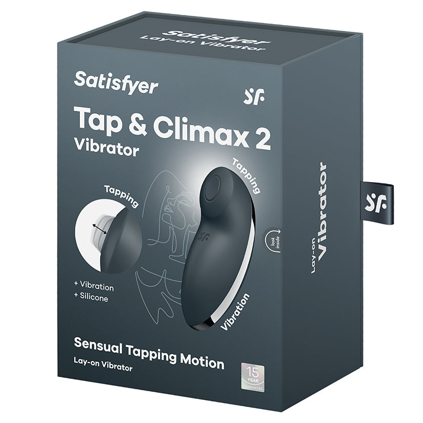 Satisfyer Tap And Climax 2 Vibrator Grey packaging showcasing sleek design and features for enhanced pleasure.