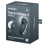 Satisfyer Tap And Climax 2 Vibrator Grey packaging showcasing sleek design and features for enhanced pleasure.