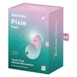 Satisfyer Pixie Dust Air Pulse Vibrator Mint Pink packaging showcasing touch-free clitoral stimulation features.