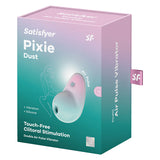 Satisfyer Pixie Dust Air Pulse Vibrator Mint Pink packaging showcasing touch-free clitoral stimulation features.
