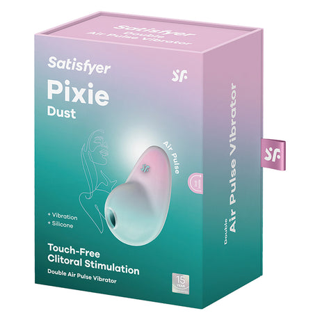 Satisfyer Pixie Dust Air Pulse Vibrator Mint Pink packaging showcasing touch-free clitoral stimulation features.