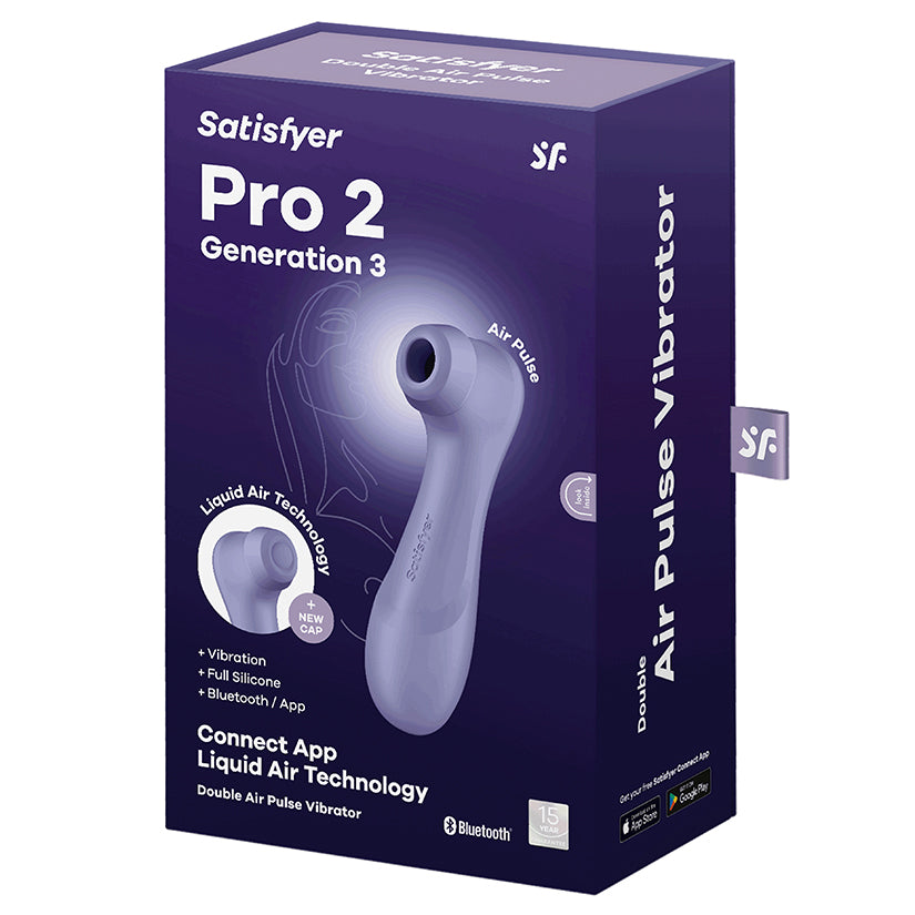 Satisfyer Pro 2 Generation 3 App Air Pulse Lilac packaging featuring Liquid Air Technology and Bluetooth capability.