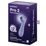 Satisfyer Pro 2 Generation 3 App Air Pulse Lilac packaging featuring Liquid Air Technology and Bluetooth capability.