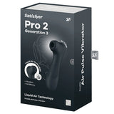 Satisfyer Pro 2 Generation 3 Air Pulse Dark Grey packaging showcasing Liquid Air Technology and design features.