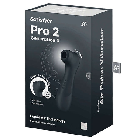 Satisfyer Pro 2 Generation 3 Air Pulse Dark Grey packaging showcasing Liquid Air Technology and design features.
