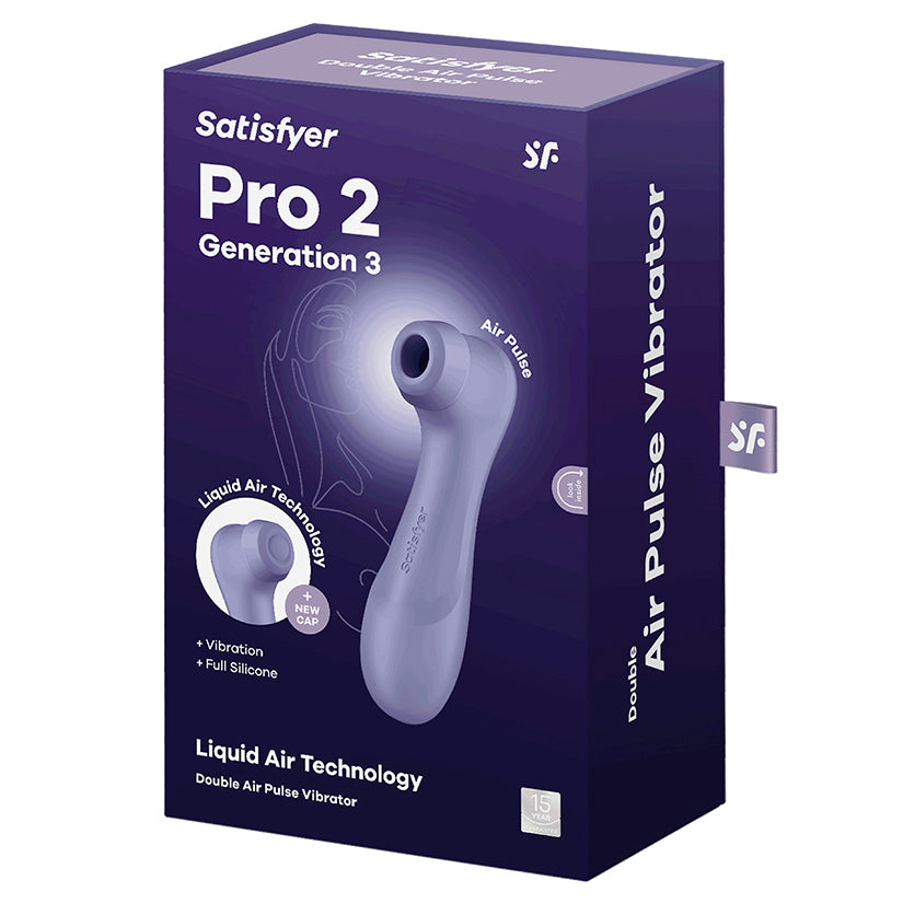 Satisfyer Pro 2 Generation 3 Air Pulse Vibrator Lilac packaging showcasing air pulse technology and ergonomic design.