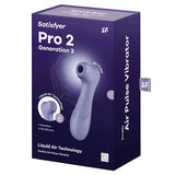 Satisfyer Pro 2 Generation 3 Air Pulse Vibrator Lilac packaging showcasing air pulse technology and ergonomic design.