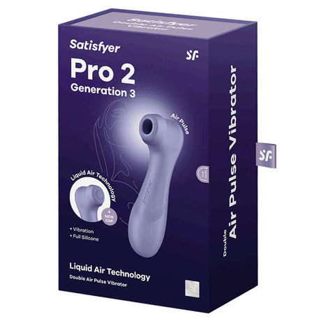 Satisfyer Pro 2 Generation 3 Air Pulse Vibrator Lilac packaging showcasing air pulse technology and ergonomic design.