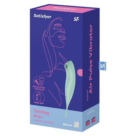 Satisfyer Twirling Pro Plus Air Pulse Vibrator Mint packaging showcasing dual-ended design and features.