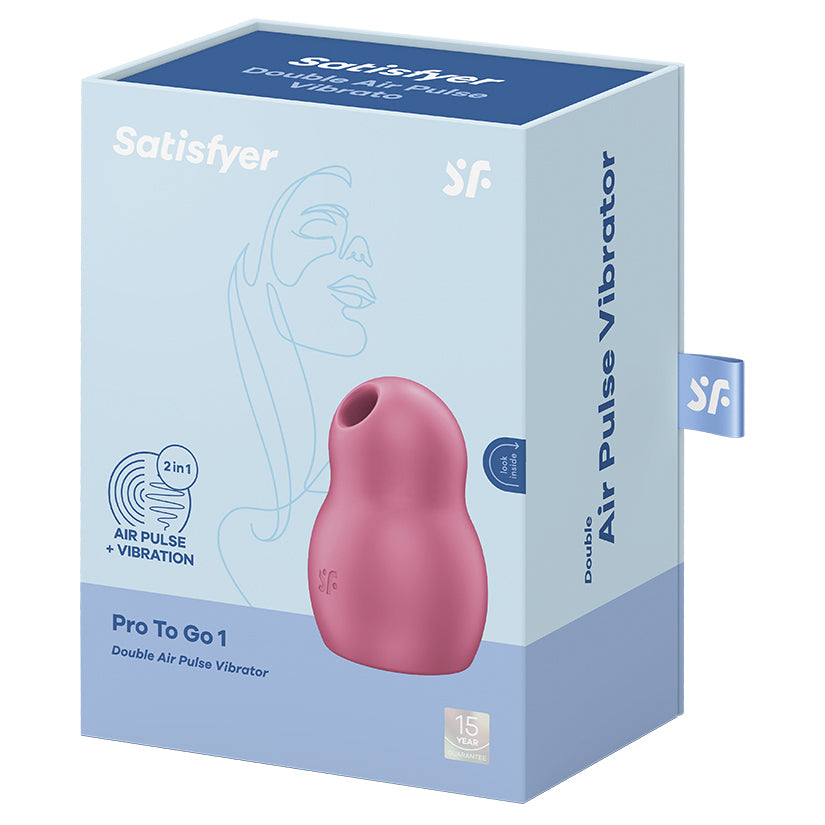 Satisfyer Pro To Go 1 Pressure Wave Vibrator Red packaging featuring a compact design and air pulse technology.